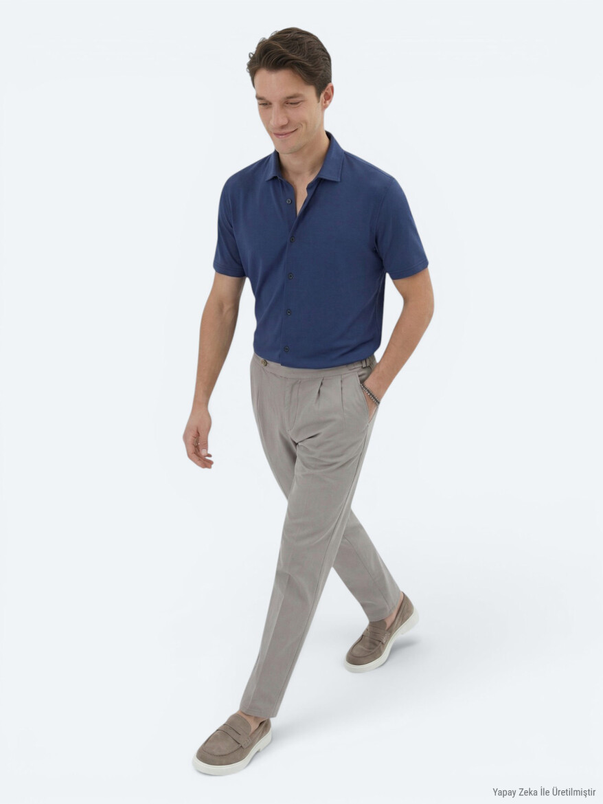 Indigo Plain Regular Fit Short Knitting Casual Shirt - KİP