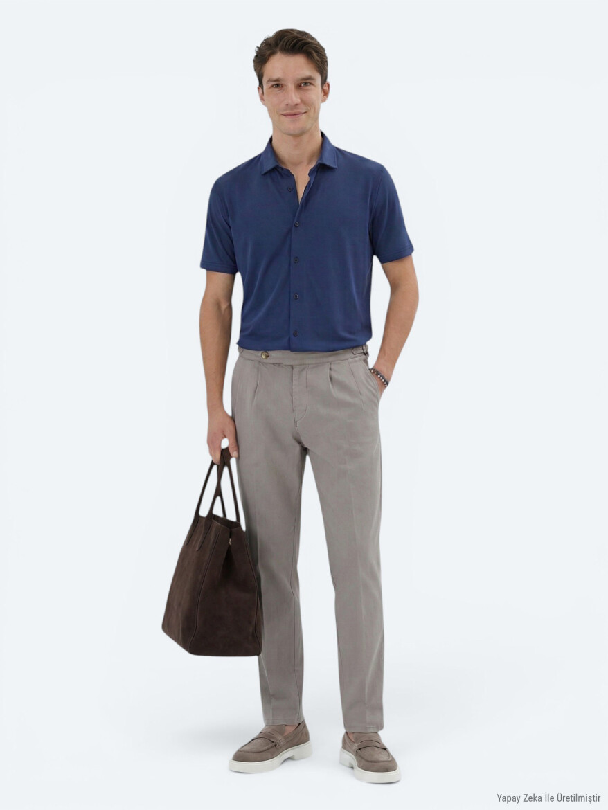 Indigo Plain Regular Fit Short Knitting Casual Shirt - 3