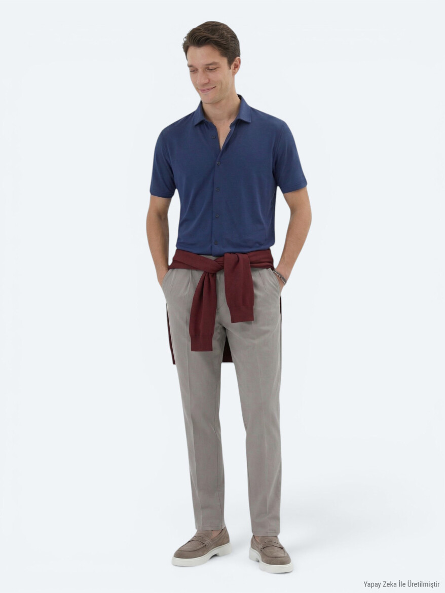 Indigo Plain Regular Fit Short Knitting Casual Shirt - 4