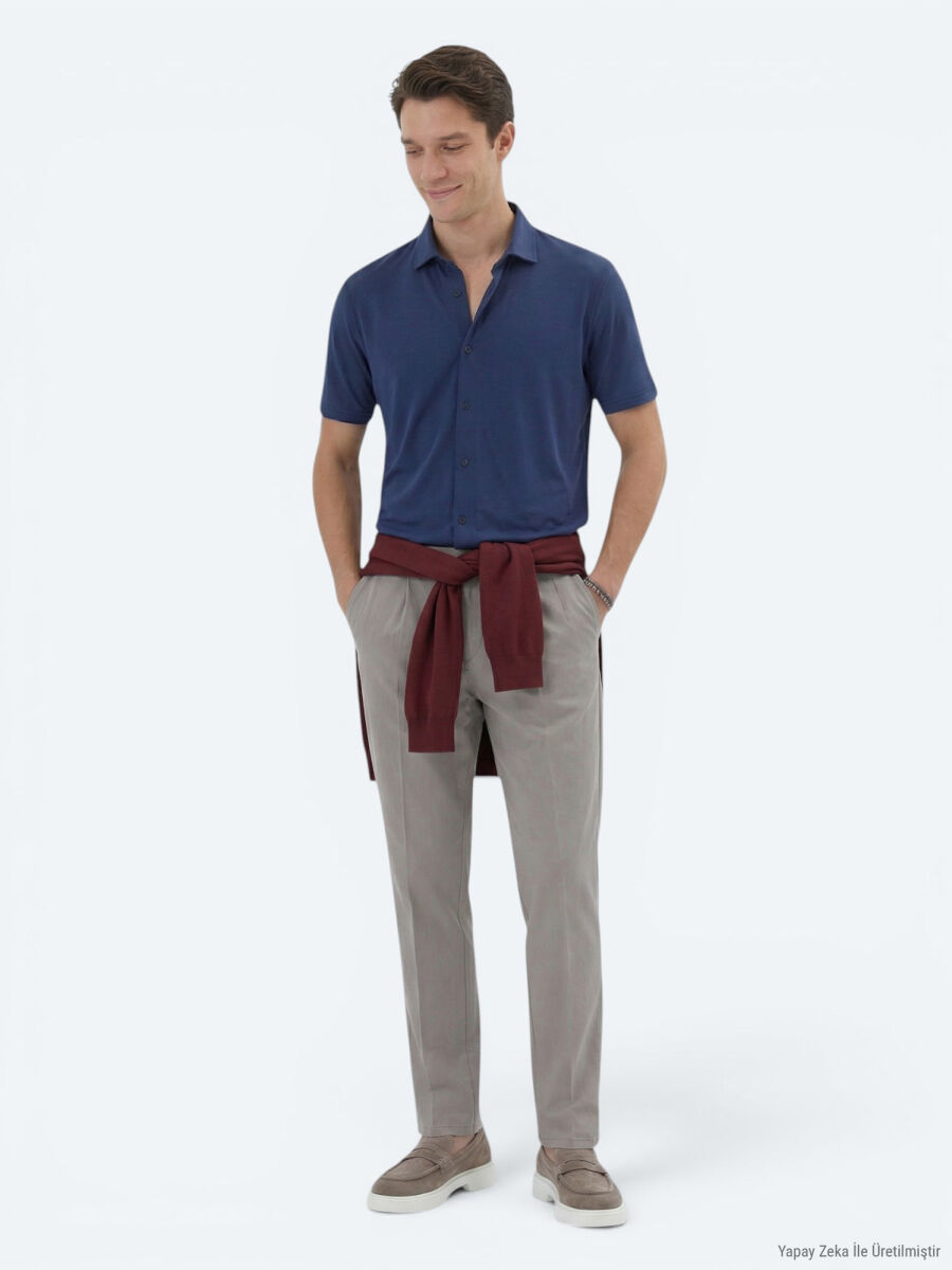 Indigo Plain Regular Fit Short Knitting Casual Shirt - 4