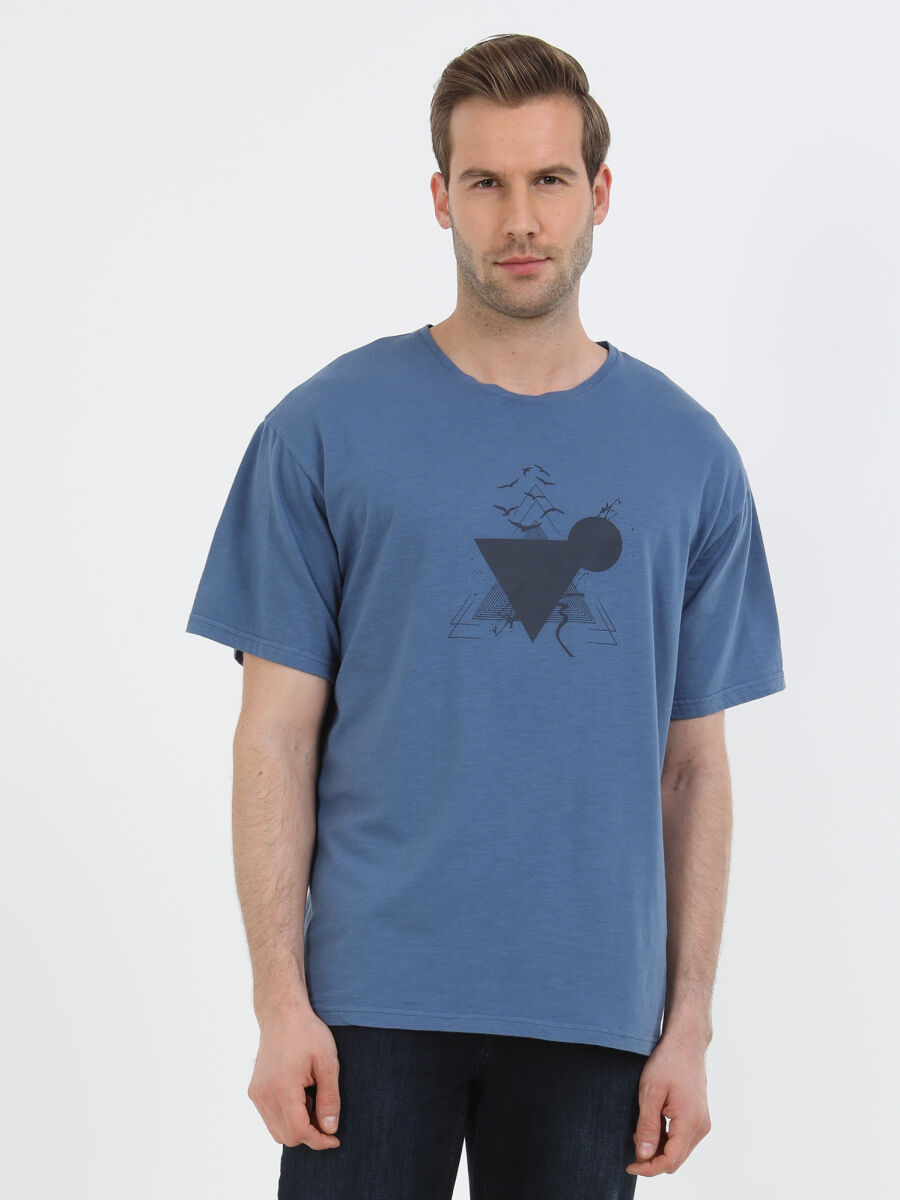 Indigo Printed Crew Neck 100% Cotton T-Shirt - 2