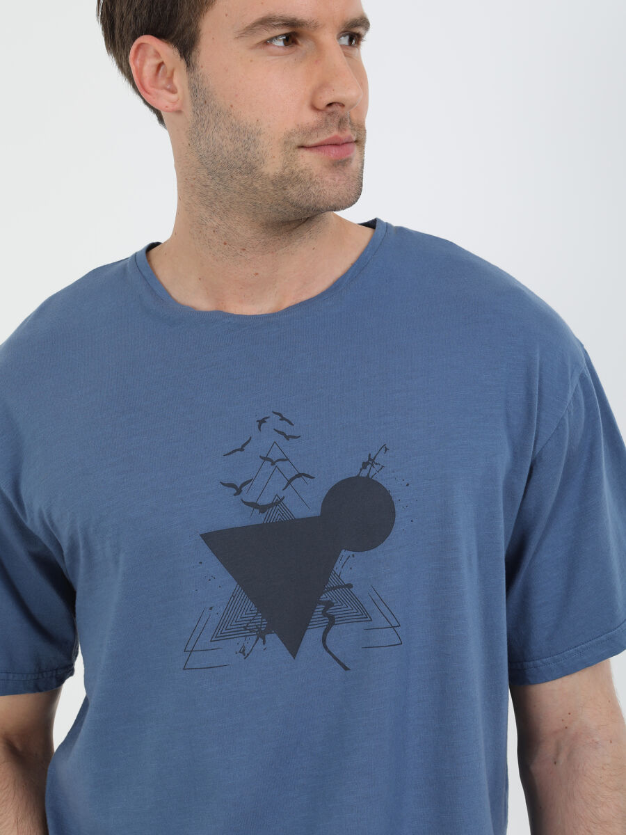 Indigo Printed Crew Neck 100% Cotton T-Shirt - 3