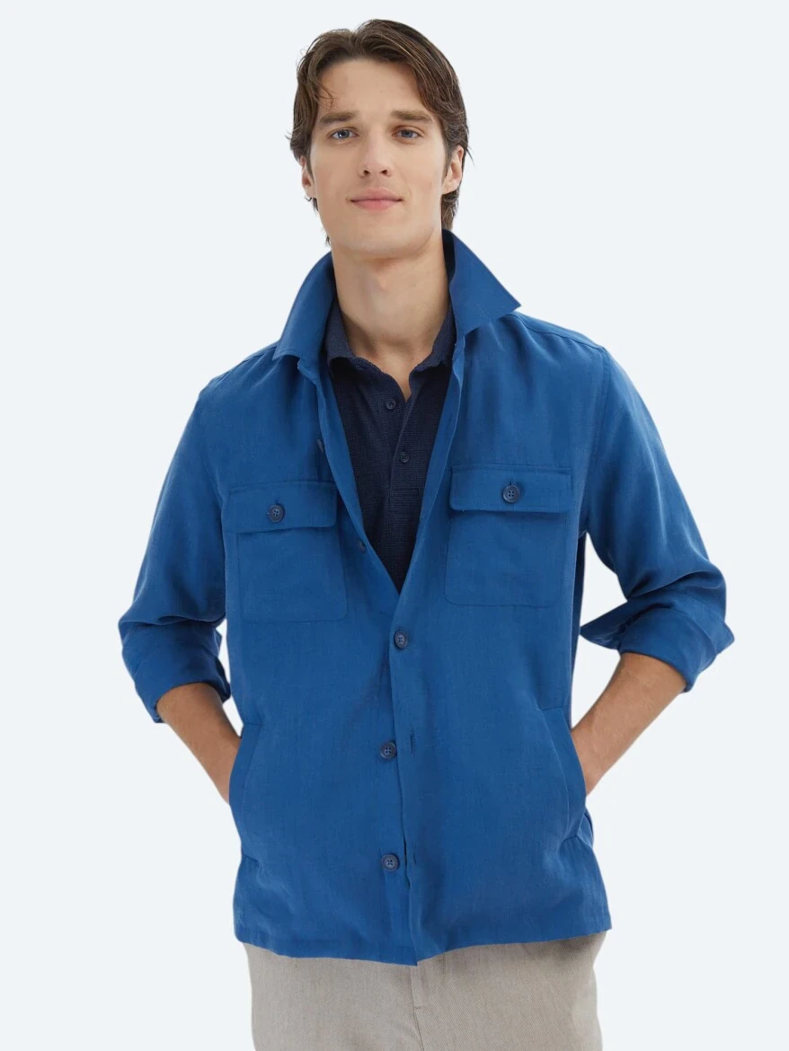 İndigo Regular Fit Dokuma Overshırt - KİP