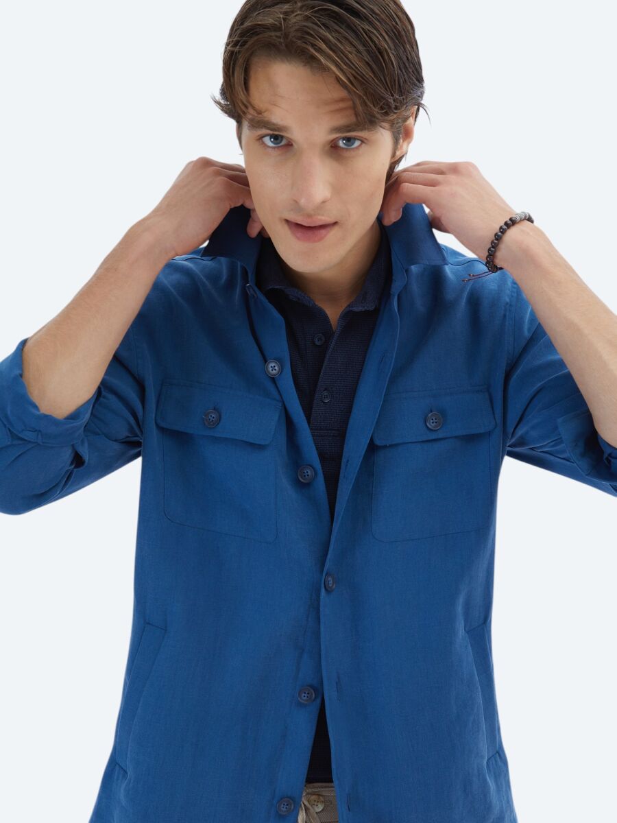 İndigo Regular Fit Dokuma Overshırt - 4