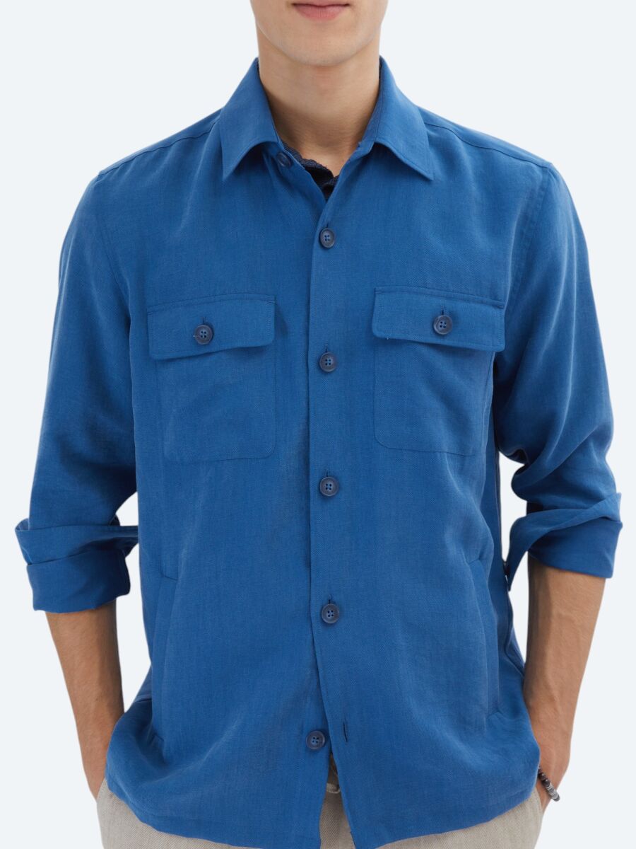 İndigo Regular Fit Dokuma Overshırt - 5