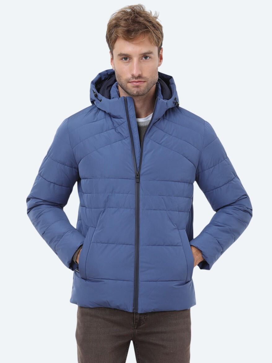 Indigo Regular Fit Hooded Casual Weaving Coat - 1