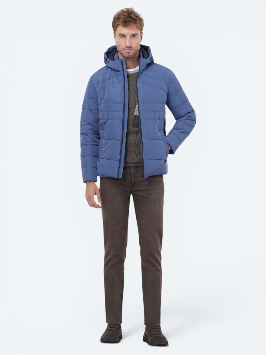 Indigo Regular Fit Hooded Casual Weaving Coat - 2