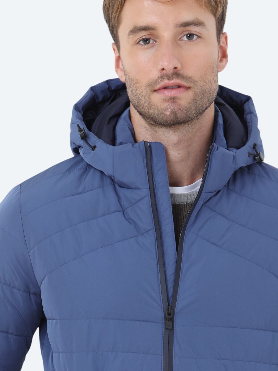 Indigo Regular Fit Hooded Casual Weaving Coat - 3
