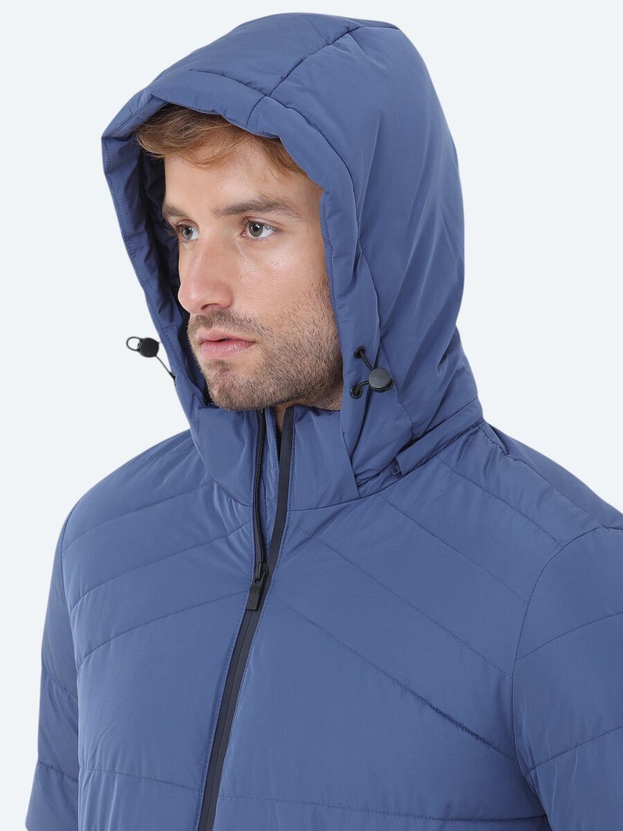 Indigo Regular Fit Hooded Casual Weaving Coat - 4