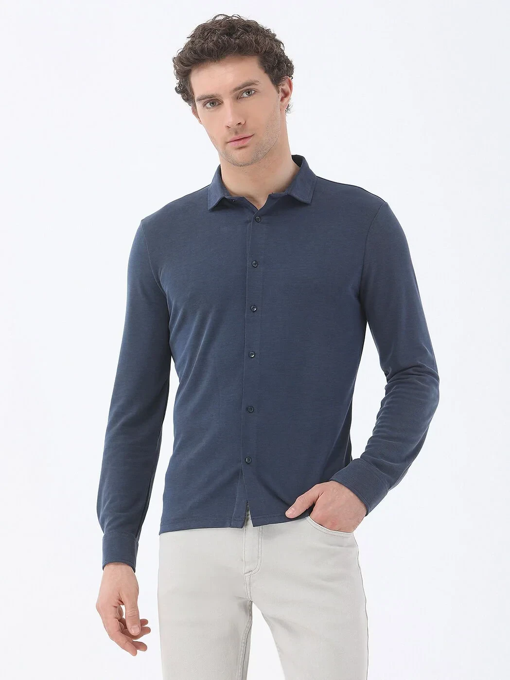 Indigo Regular Fit Knitting Casual Shirt - 1