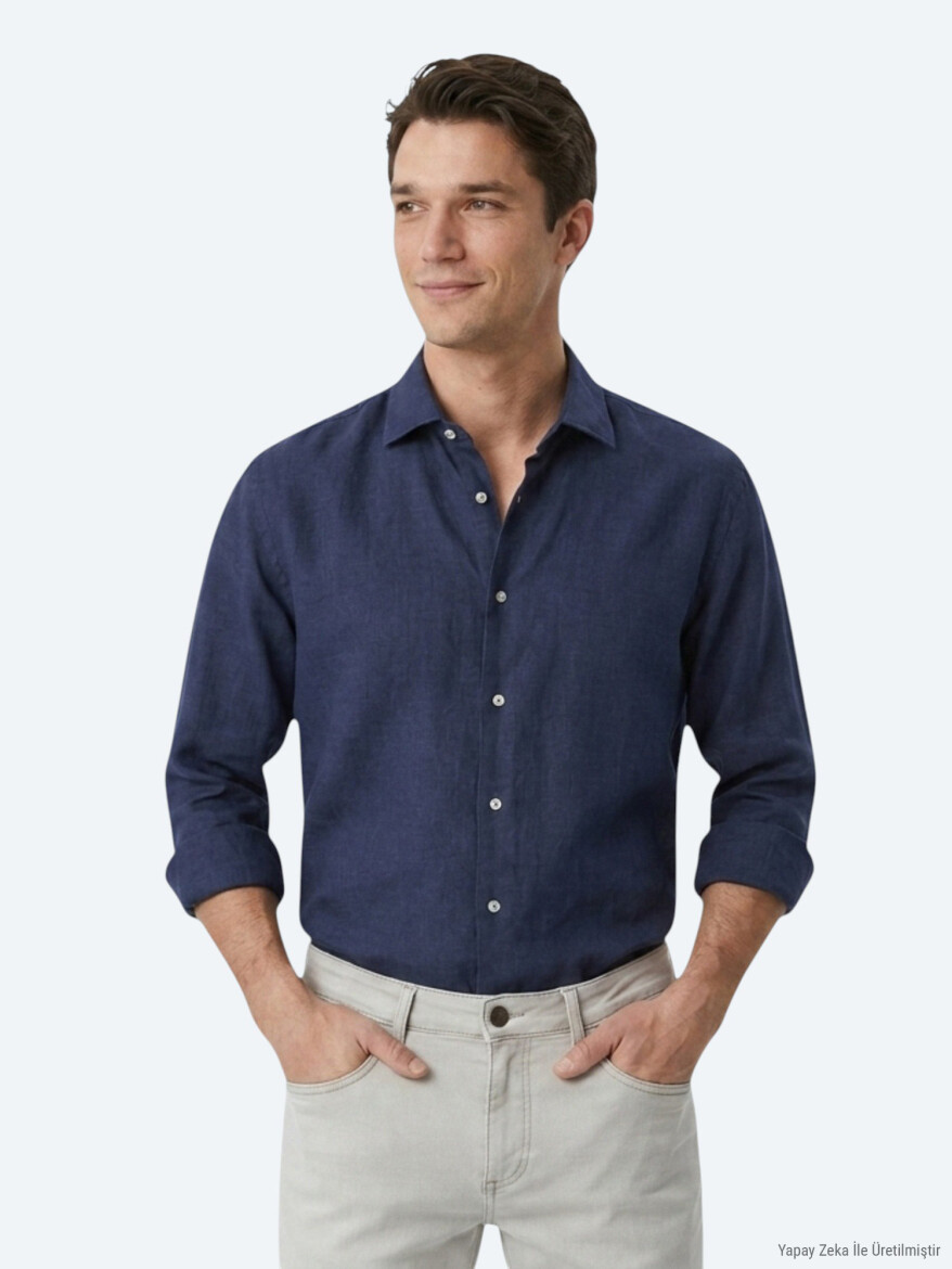 Indigo Regular Fit Long Weaving Casual Cotton Blended Shirt 
