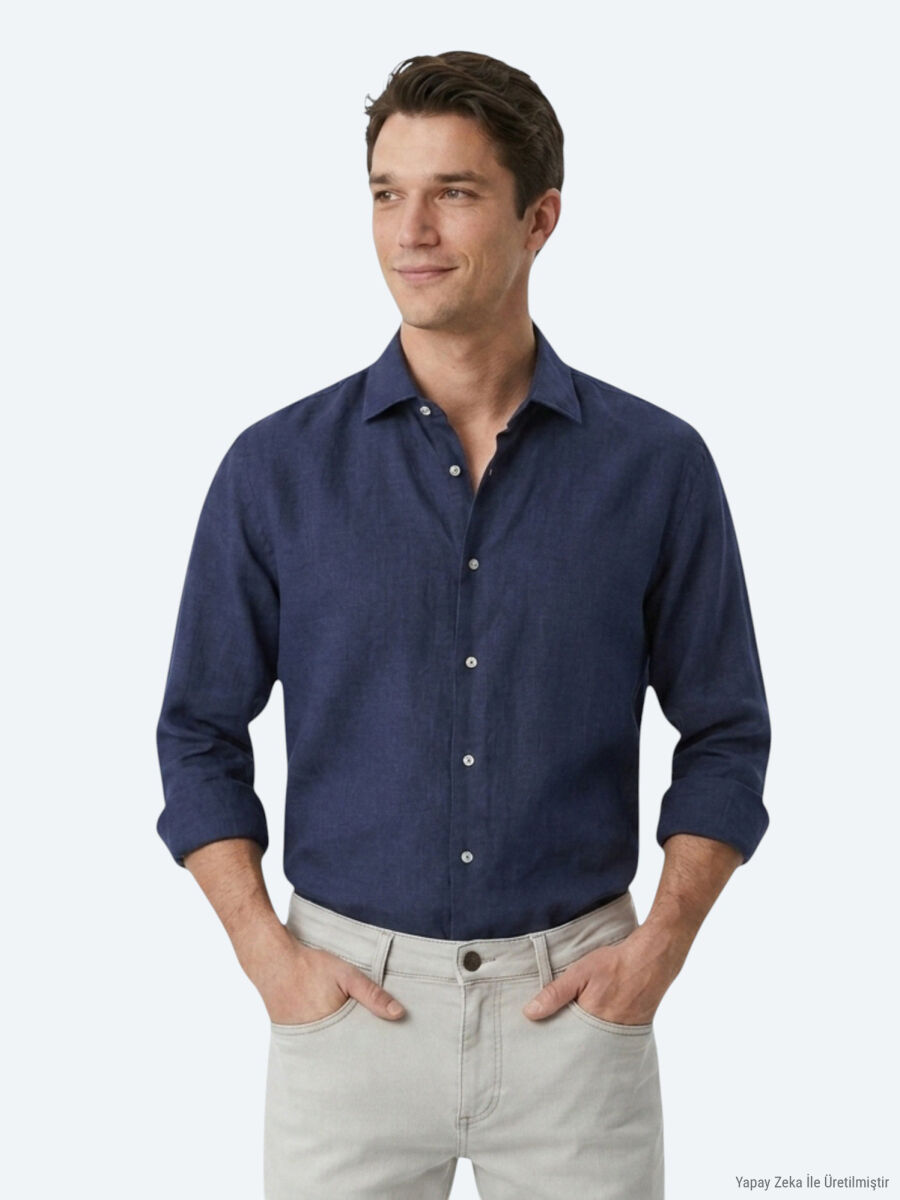 Indigo Regular Fit Long Weaving Casual Cotton Blended Shirt - 1