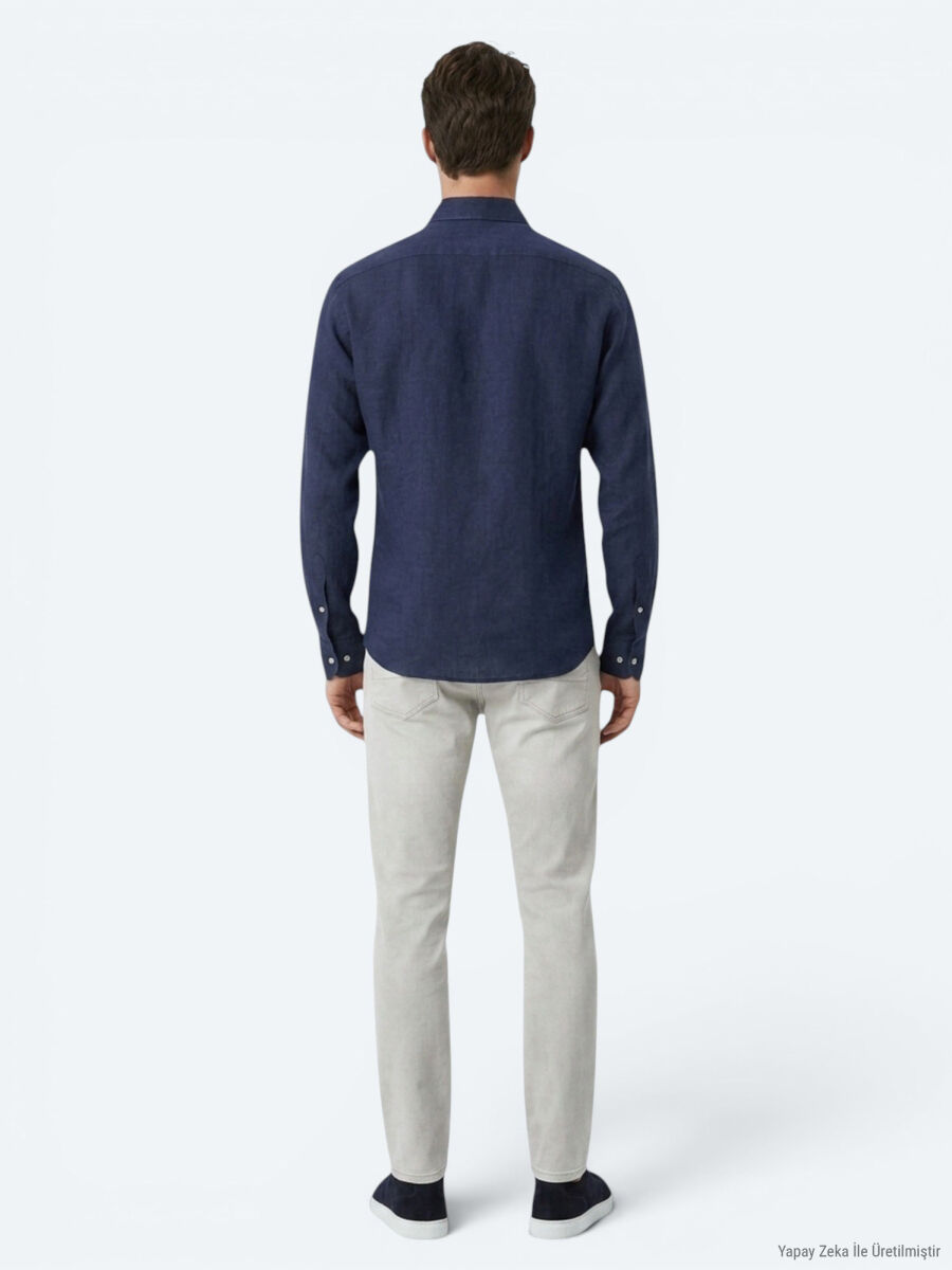 Indigo Regular Fit Long Weaving Casual Cotton Blended Shirt - 5