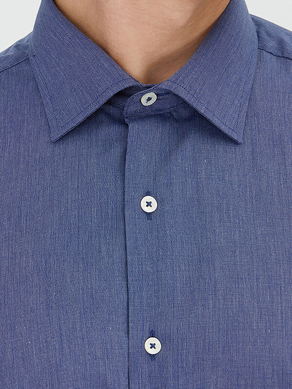 Indigo Regular Fit Long Weaving Classical Cotton Blended Shirt - 3