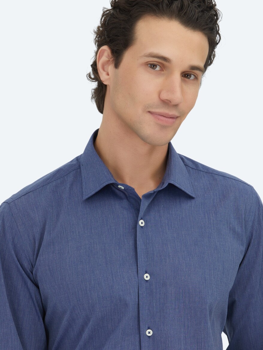 Indigo Regular Fit Long Weaving Classical Cotton Blended Shirt - 4