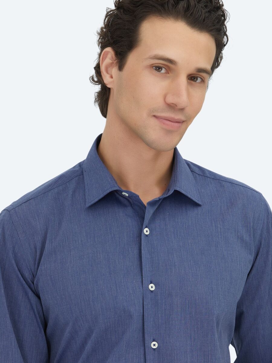 Indigo Regular Fit Long Weaving Classical Cotton Blended Shirt - 4
