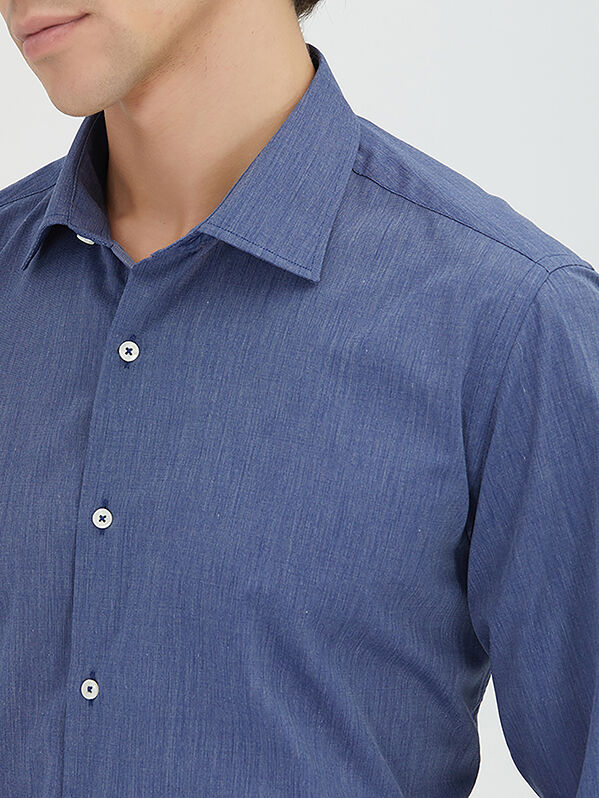 Indigo Regular Fit Long Weaving Classical Cotton Blended Shirt - 5