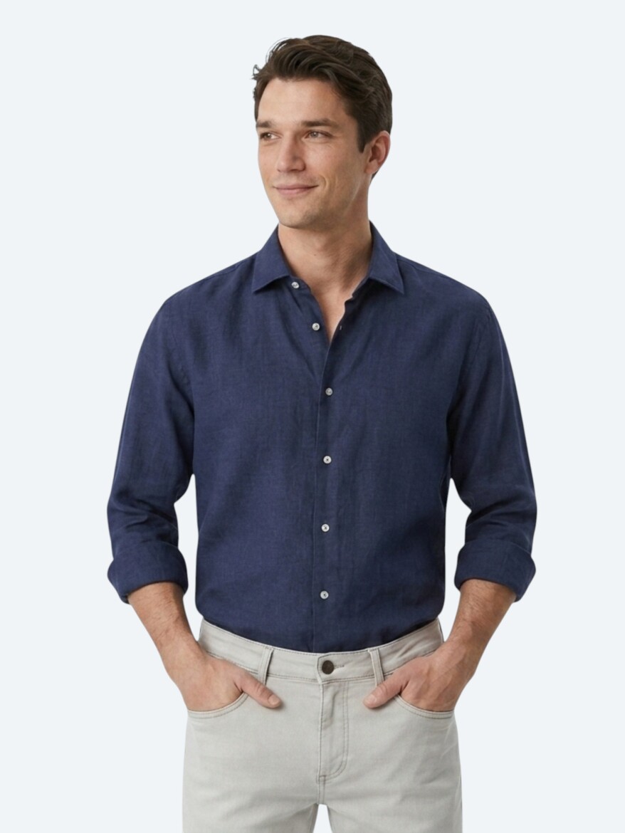İndigo Regular Fit Uzun Dokuma Casual Pamuk Karışımlı Gömlek 