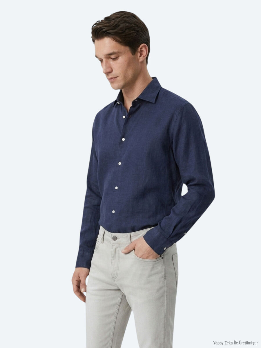 İndigo Regular Fit Uzun Dokuma Casual Pamuk Karışımlı Gömlek - 2