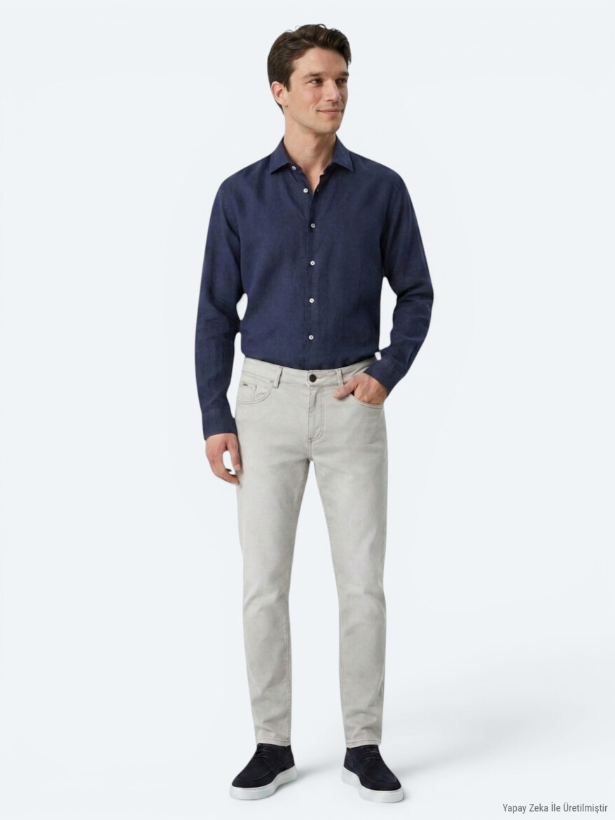 İndigo Regular Fit Uzun Dokuma Casual Pamuk Karışımlı Gömlek - 3