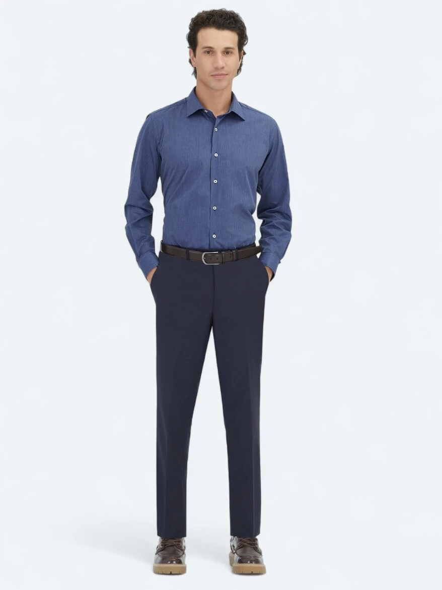 Indigo Regular Fit Weaving Classical Cotton Blended Shirt - KİP
