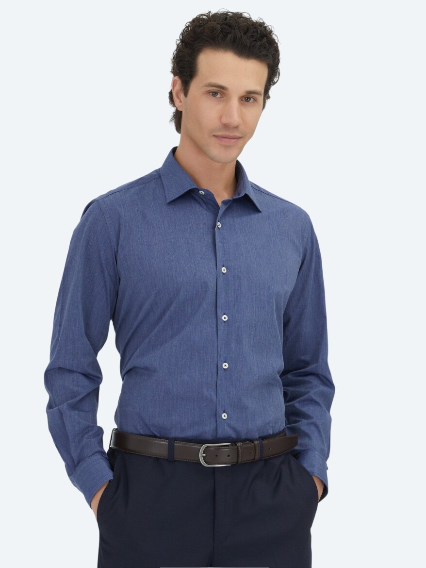 Indigo Regular Fit Weaving Classical Cotton Blended Shirt 
