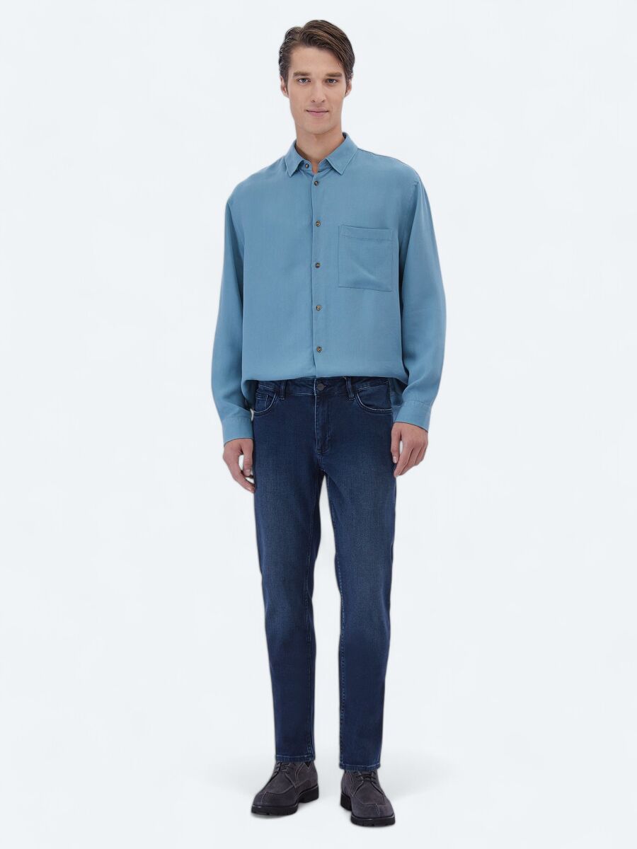 Indigo Slim Fit Denim Cotton Blended Trousers - 1