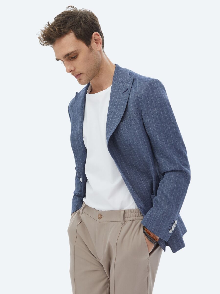 Indigo Striped Modern Fit Linen Blended Jacket - 1