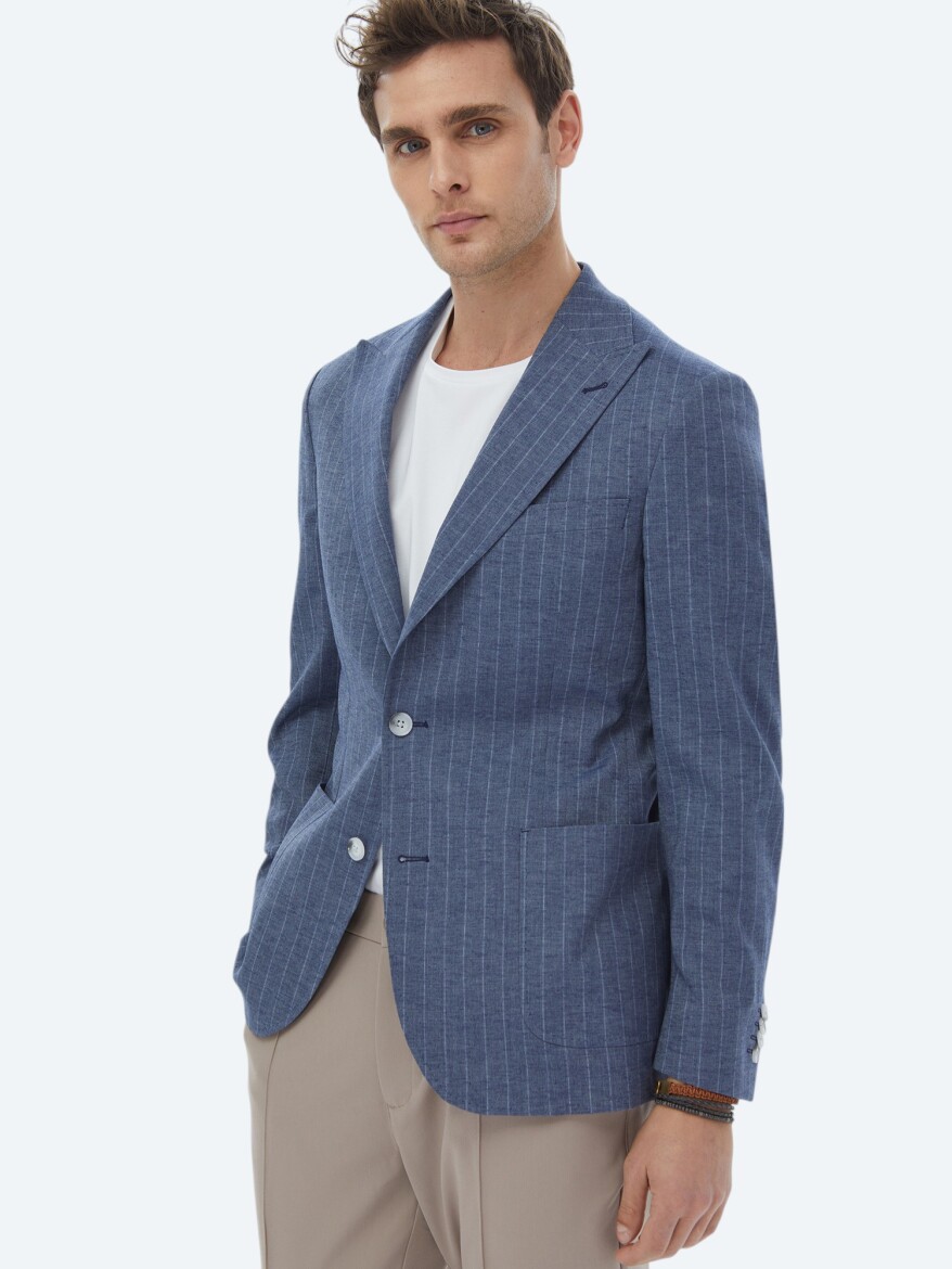 Indigo Striped Modern Fit Linen Blended Jacket - 4
