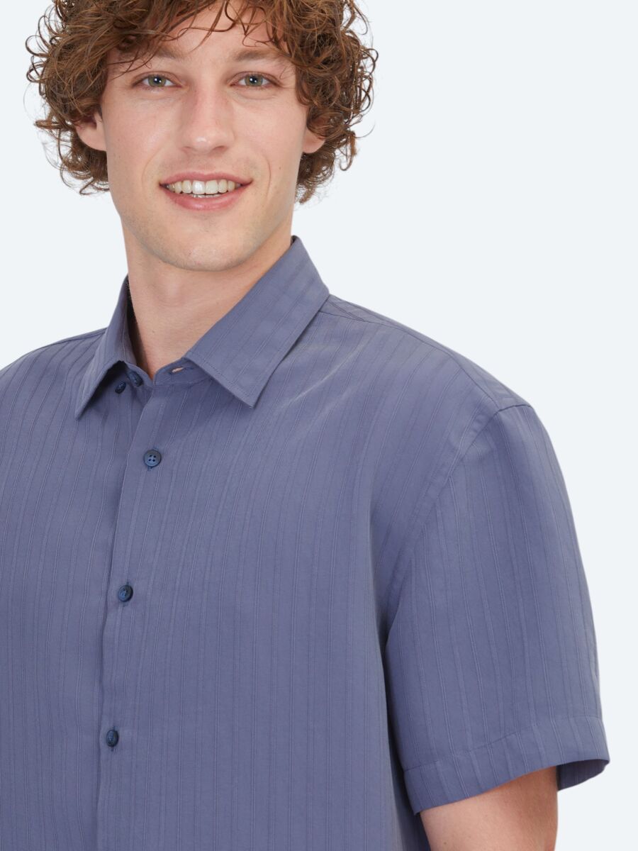 Indigo Striped Oversize Fit Short Weaving Casual Shirt - 3