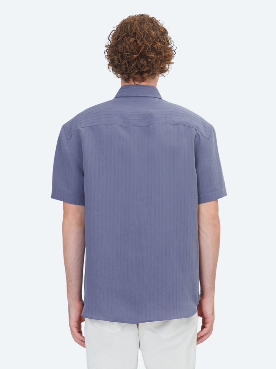 Indigo Striped Oversize Fit Short Weaving Casual Shirt - 5