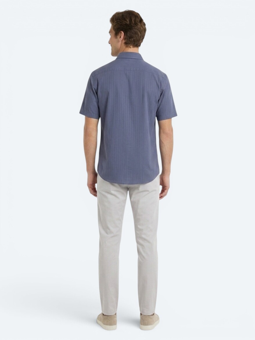 Indigo Striped Oversize Fit Short Weaving Casual Shirt - 5