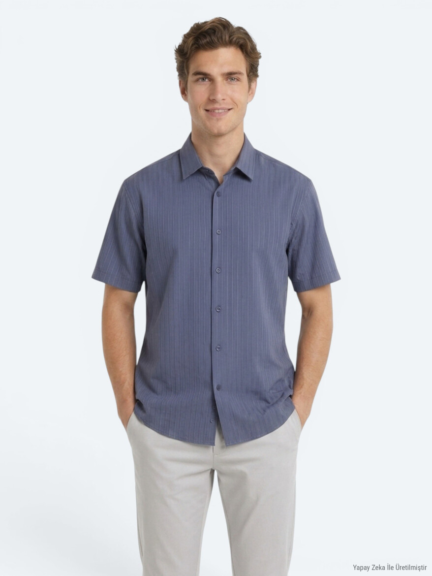 Indigo Striped Oversize Fit Short Weaving Casual Shirt - 1