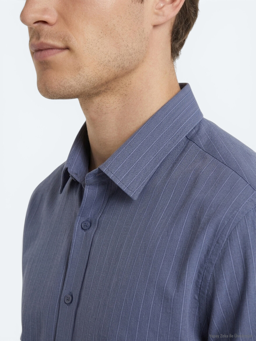 Indigo Striped Oversize Fit Short Weaving Casual Shirt - 3