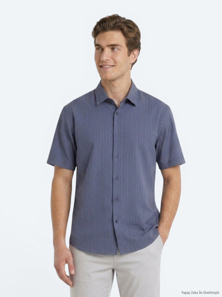 Indigo Striped Oversize Fit Short Weaving Casual Shirt - 4