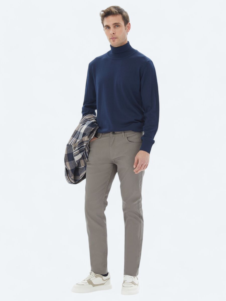 İndigo Tam Balıkçı Yaka Düz Örgü Yün Karışımlı Triko Kazak - 2