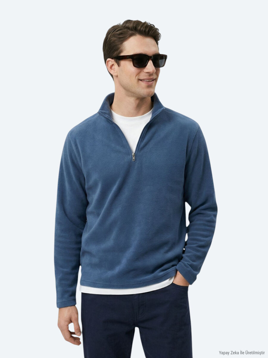 Indigo Turtleneck Plain Sweatshirt - 1