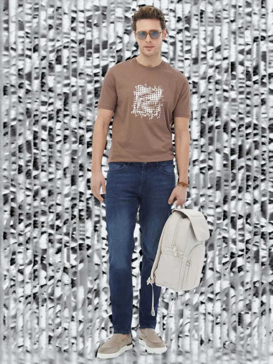 Kahverengi Baskılı Bisiklet Yaka %100 Pamuk T-Shirt - 2