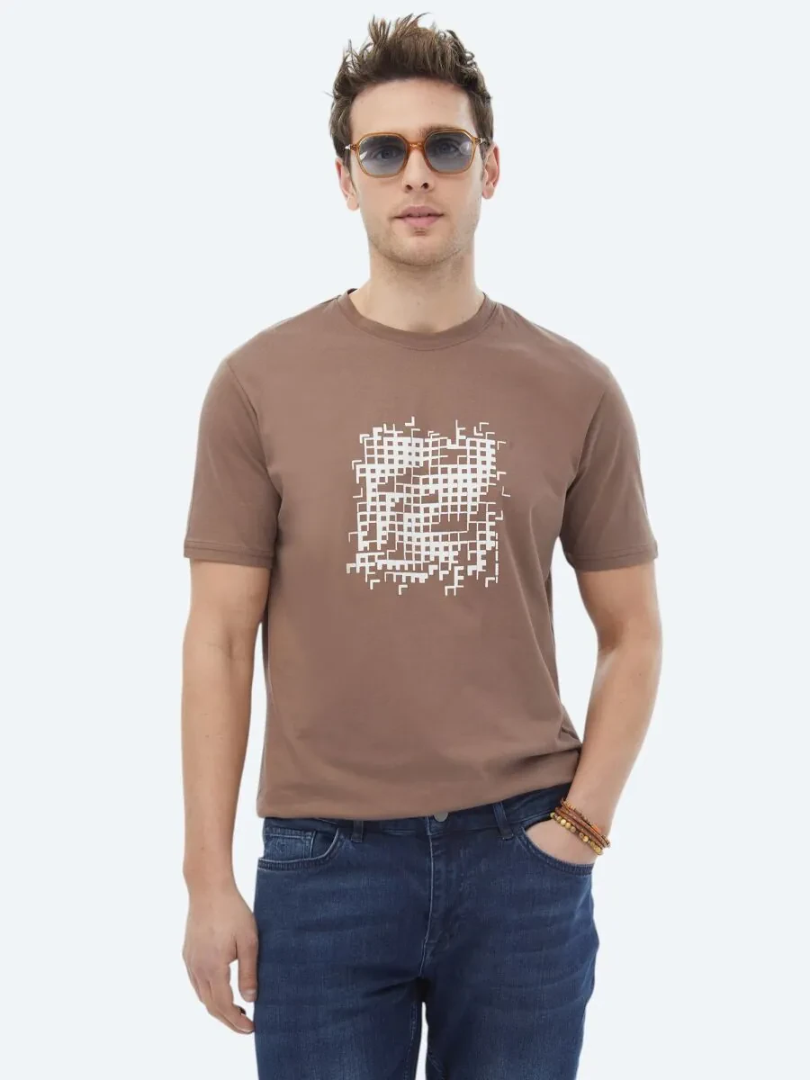 Kahverengi Baskılı Bisiklet Yaka %100 Pamuk T-Shirt - 3
