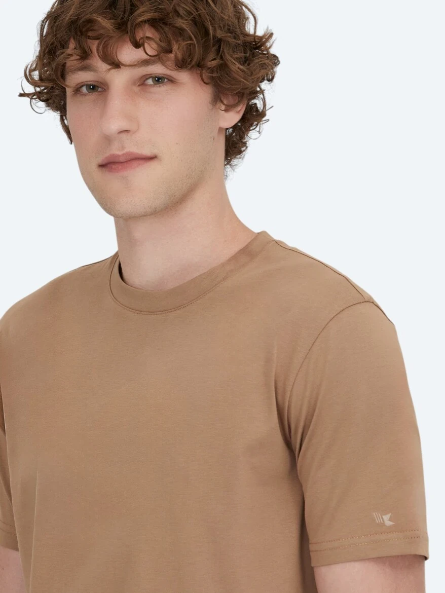 Kahverengi Bisiklet Yaka %100 Pamuk T-Shirt - 3