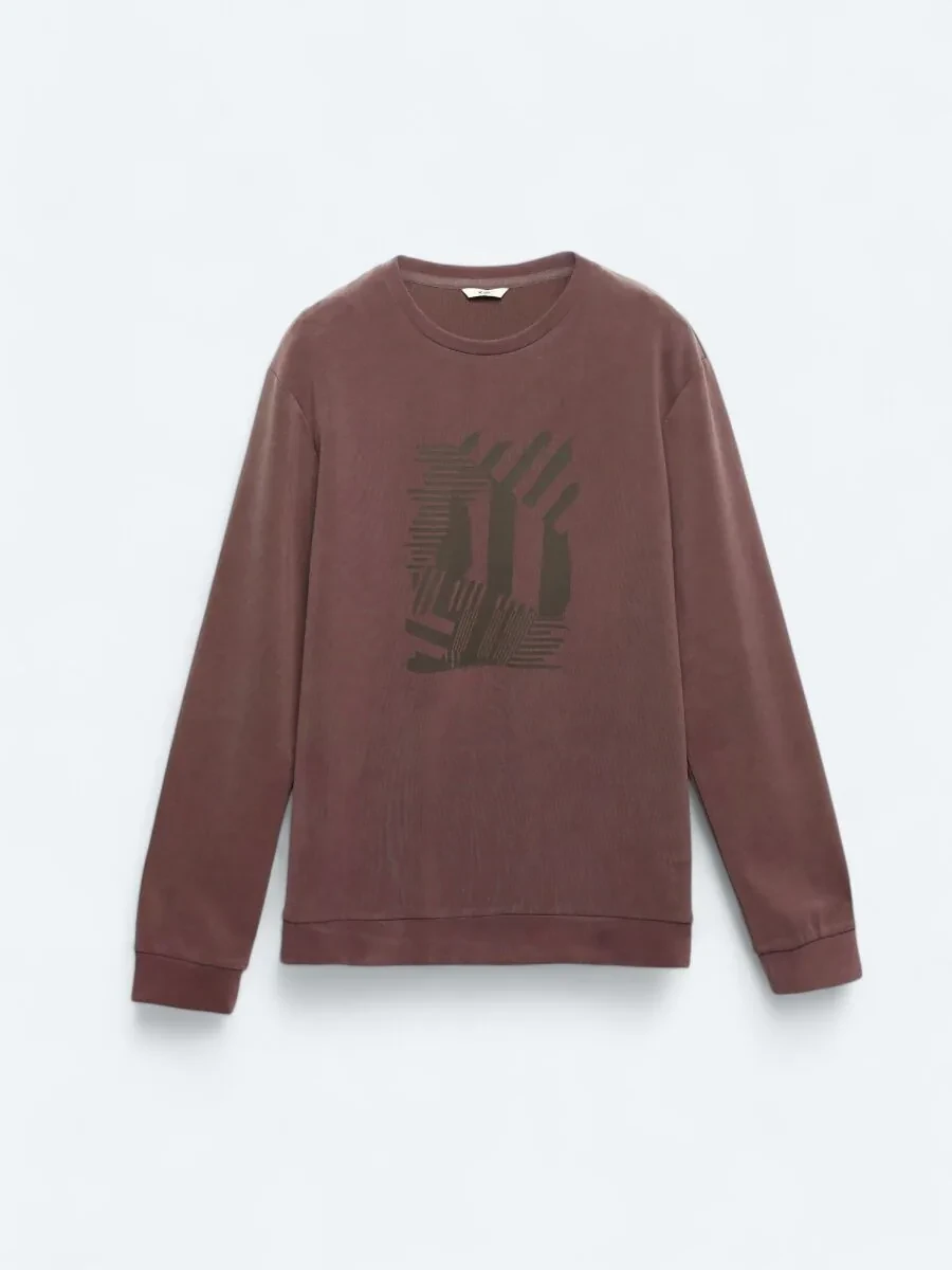 Kahverengi Bisiklet Yaka Baskılı Sweatshırt - 6