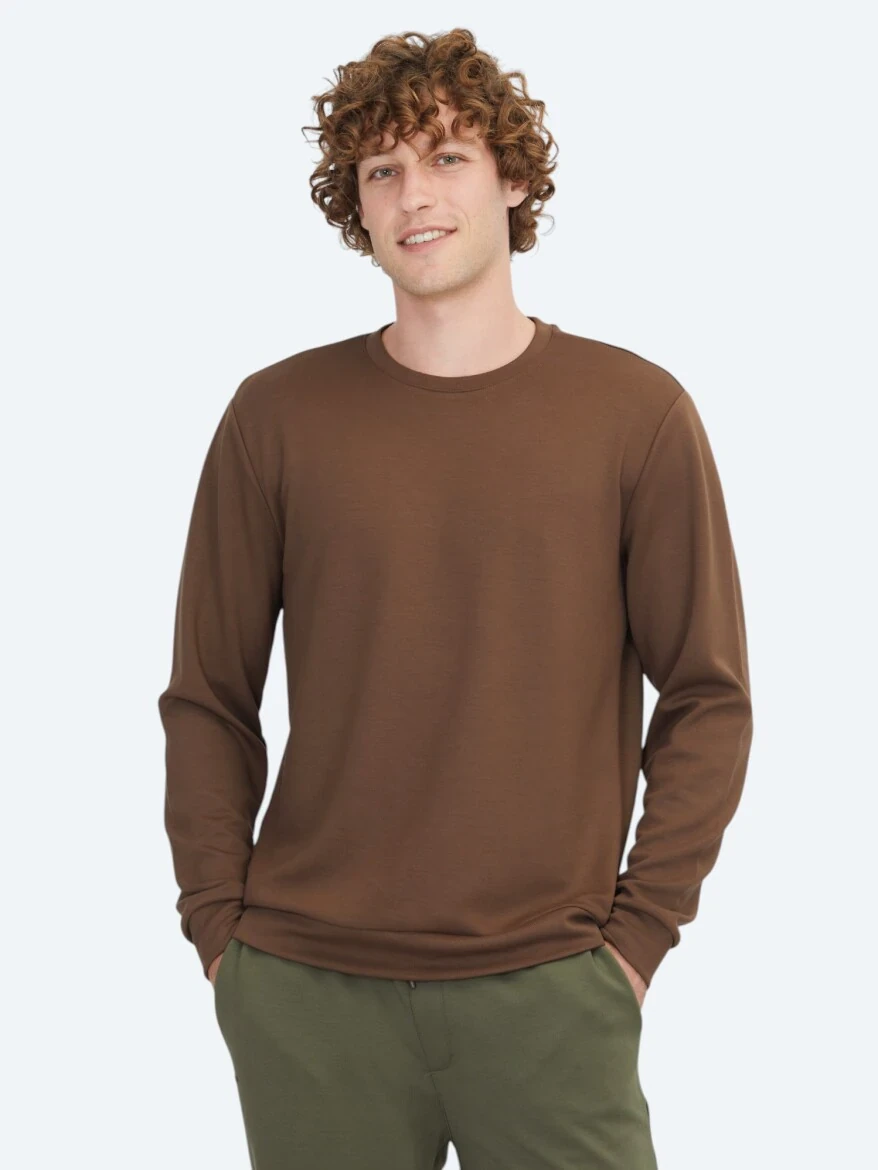 Kahverengi Bisiklet Yaka Sweatshırt - 1