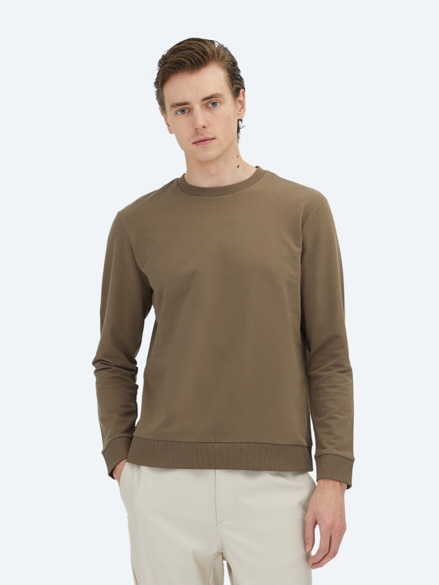 Kahverengi Bisiklet Yaka Sweatshırt - 1