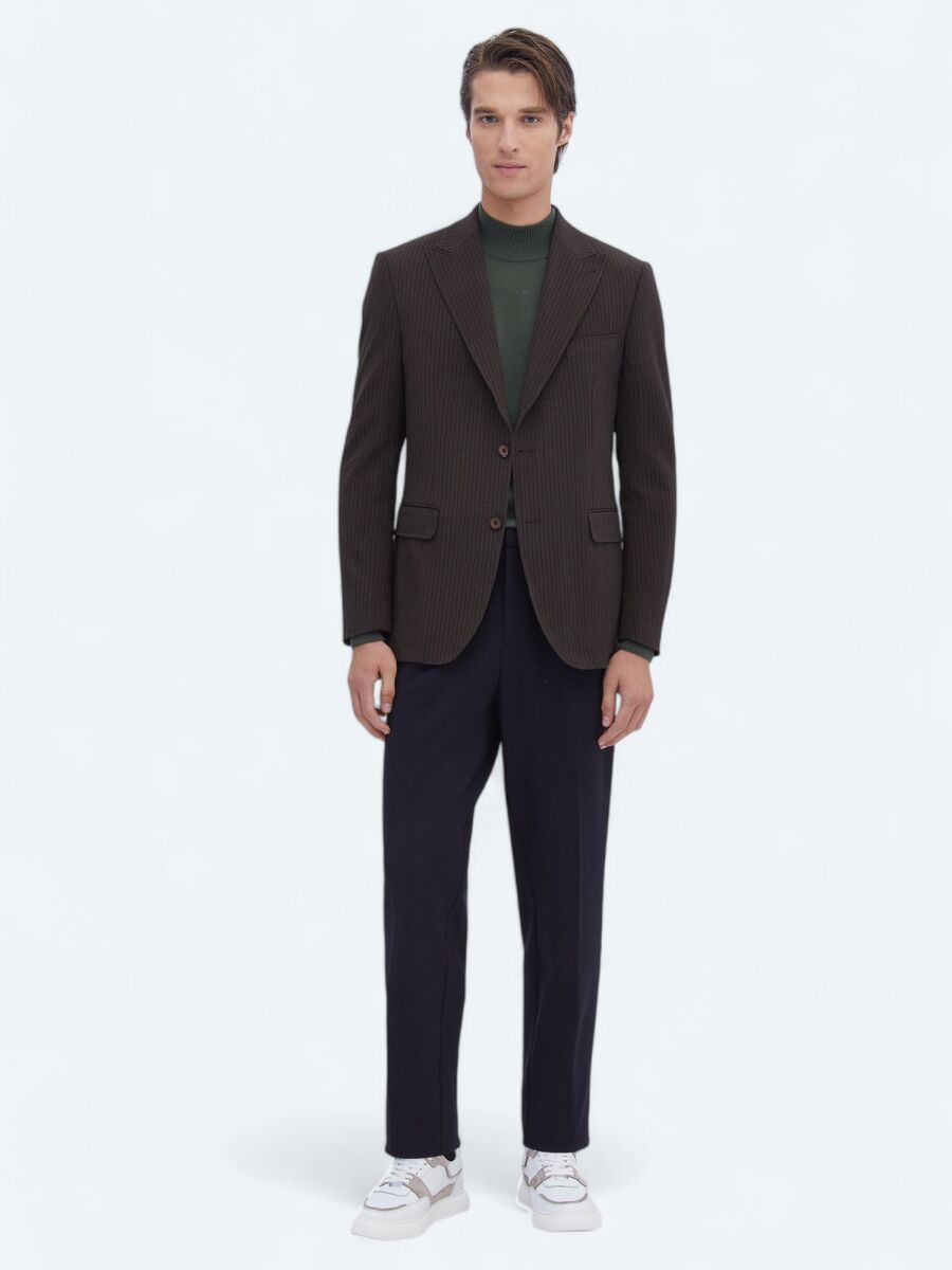 Kahverengi Çizgili Modern Fit Ceket - 2