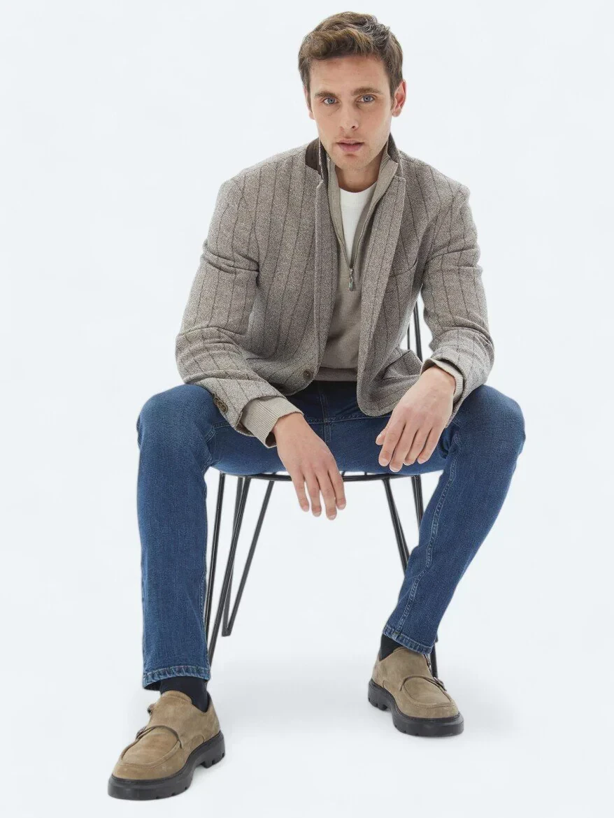 Kahverengi Çizgili Modern Fit Pamuk Karışımlı Örme Ceket - 1
