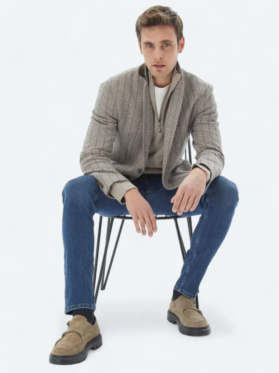 Kahverengi Çizgili Modern Fit Pamuk Karışımlı Örme Ceket - 1