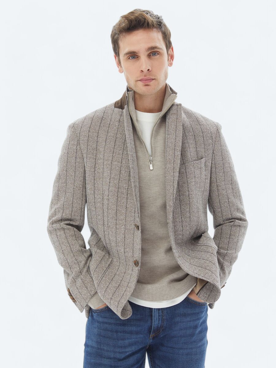 Kahverengi Çizgili Modern Fit Pamuk Karışımlı Örme Ceket - 1