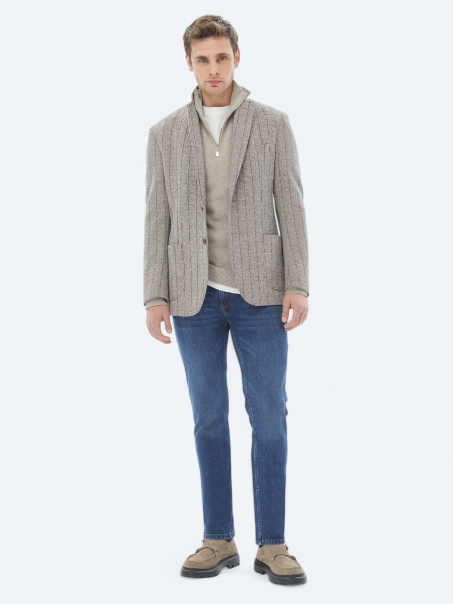 Kahverengi Çizgili Modern Fit Pamuk Karışımlı Örme Ceket - 3