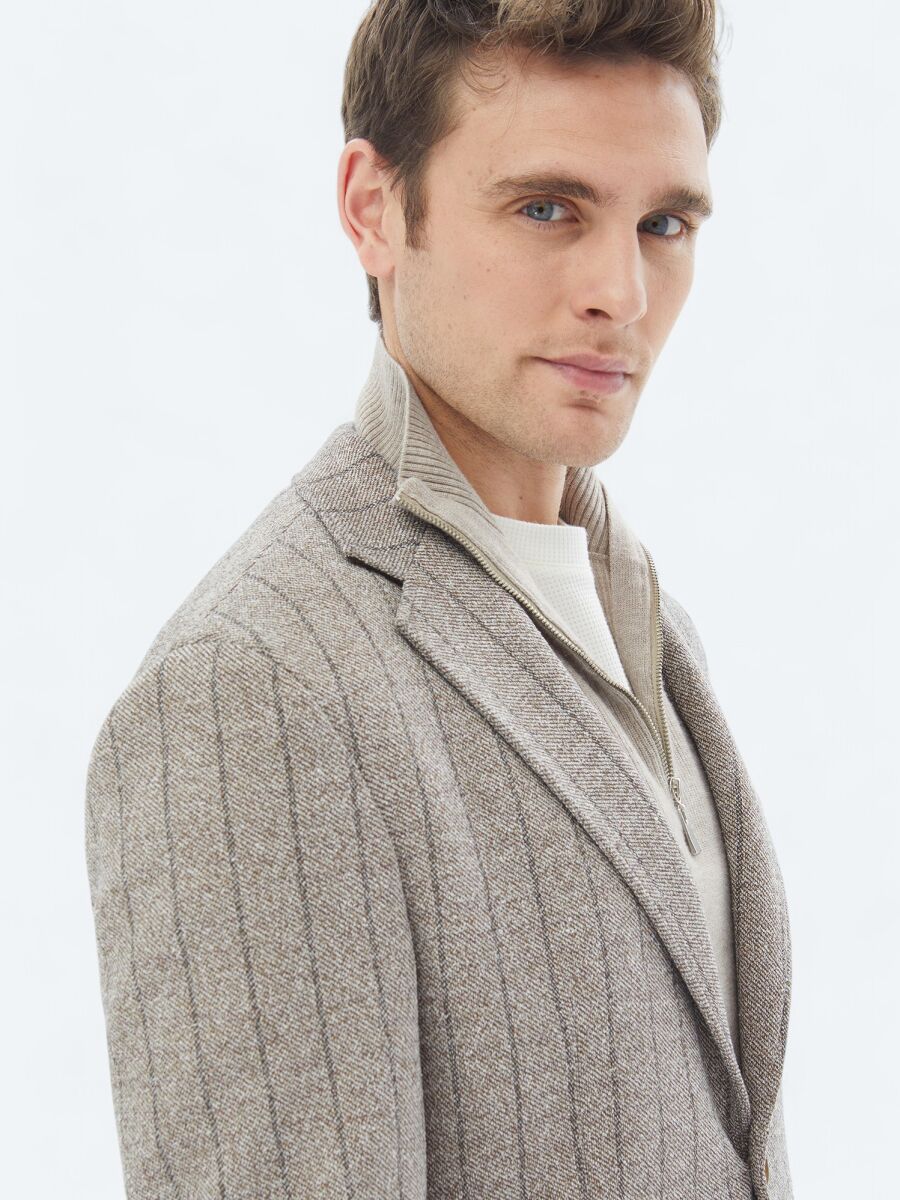 Kahverengi Çizgili Modern Fit Pamuk Karışımlı Örme Ceket - 6