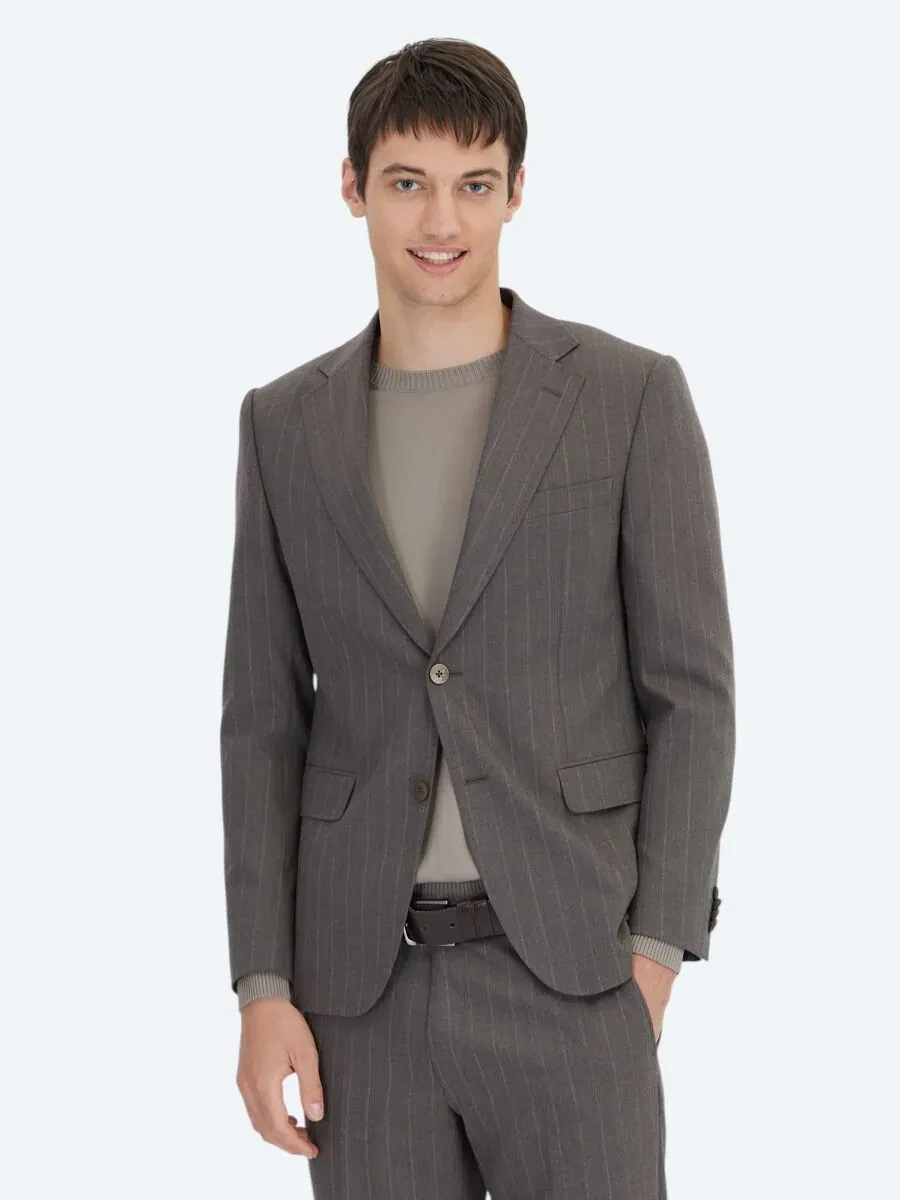 Kahverengi Çizgili Modern Fit Yün Karışımlı Takım Elbise - 1